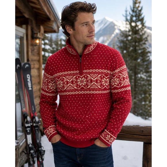 Lands' End Other - Lands End Mens M 38-40 Fair Isle Nordic Sweater Red Cream 1/4 Zip 100% Cotton